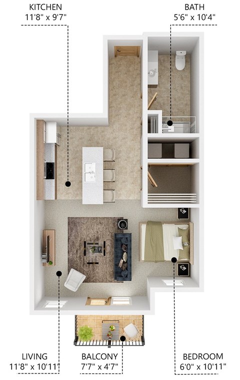 Floor plan for studio, 1 bath, 665 sqft